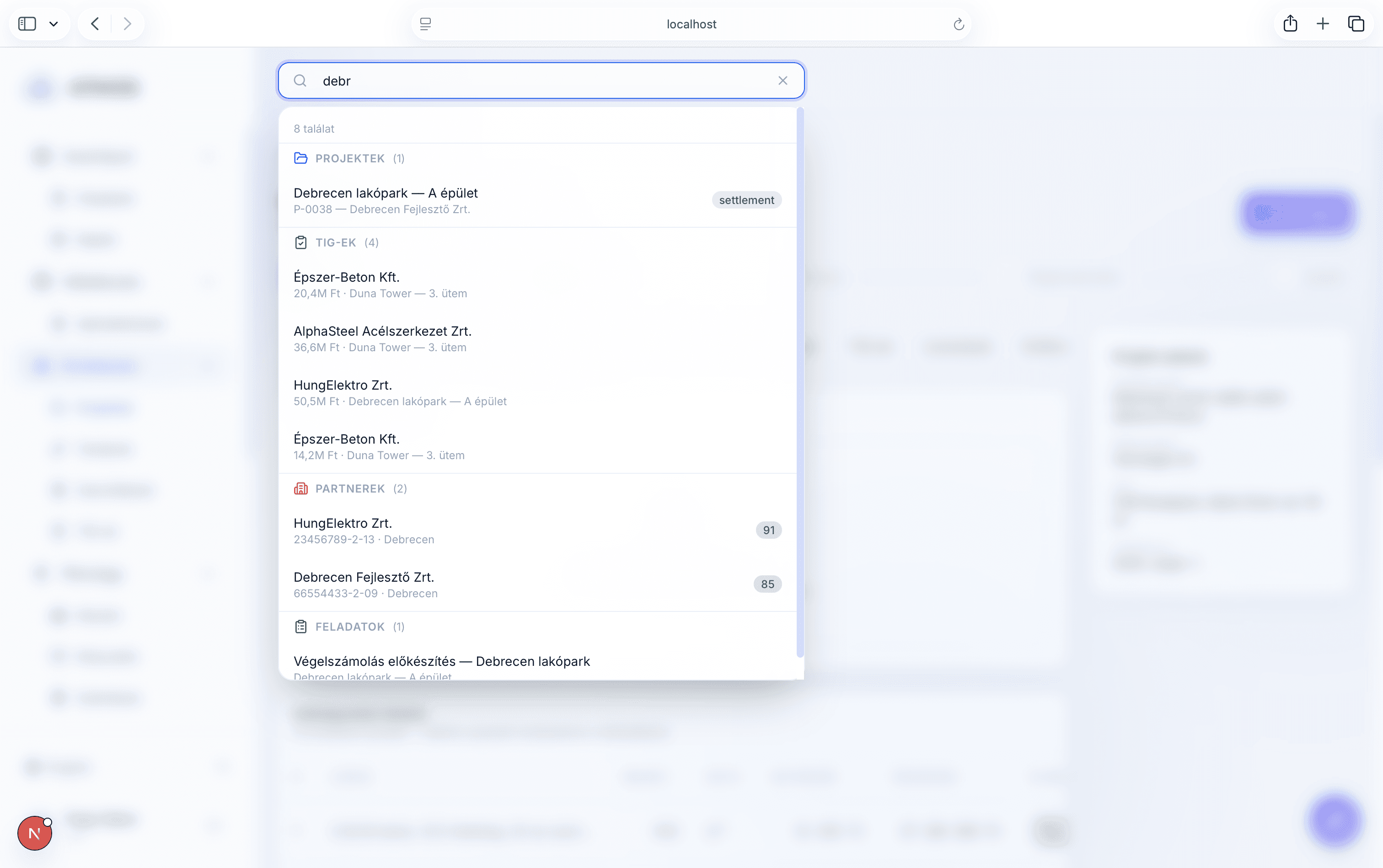 Globális kereső modal