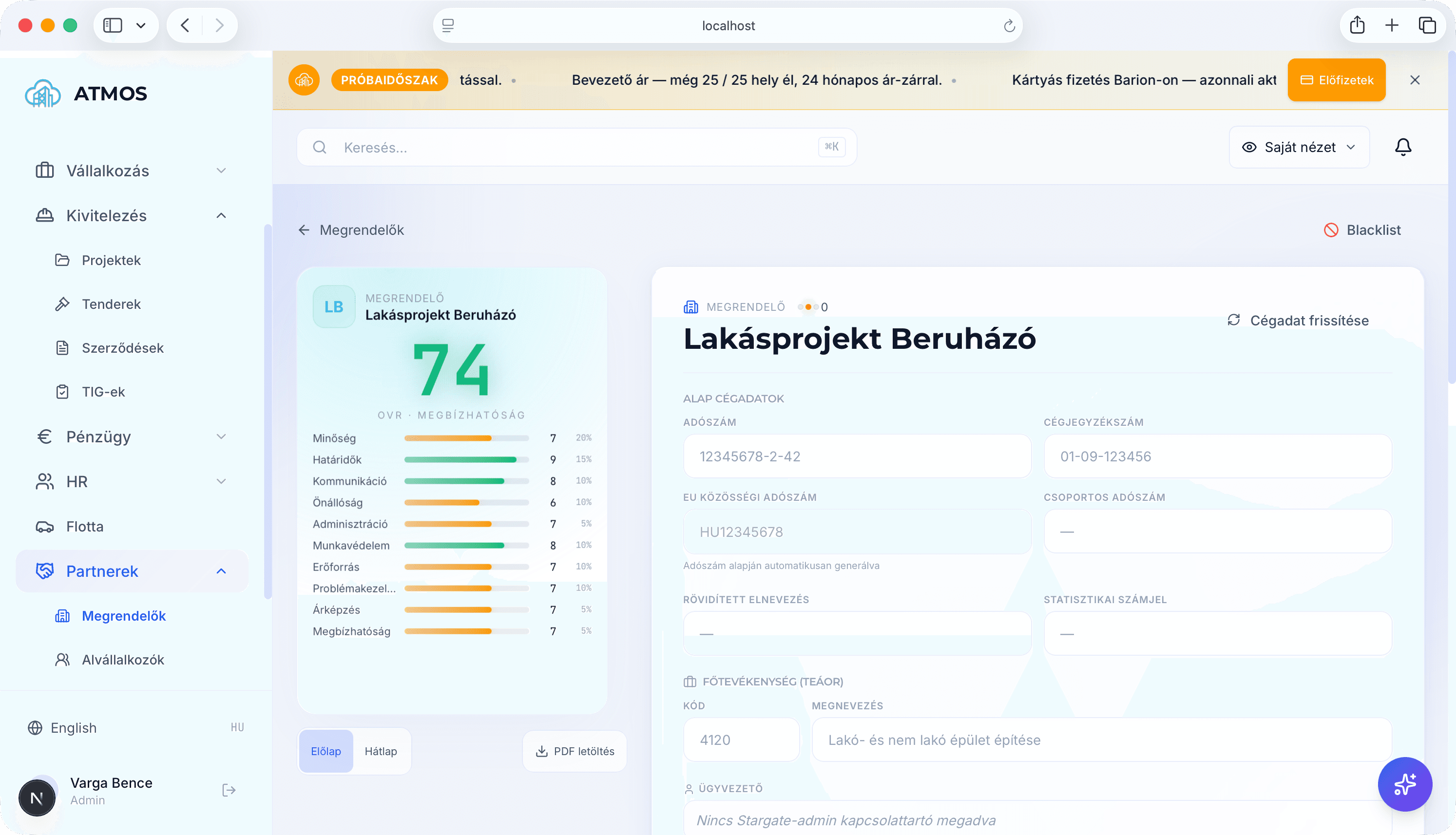 Partner megbízhatósági profil radar-diagrammal