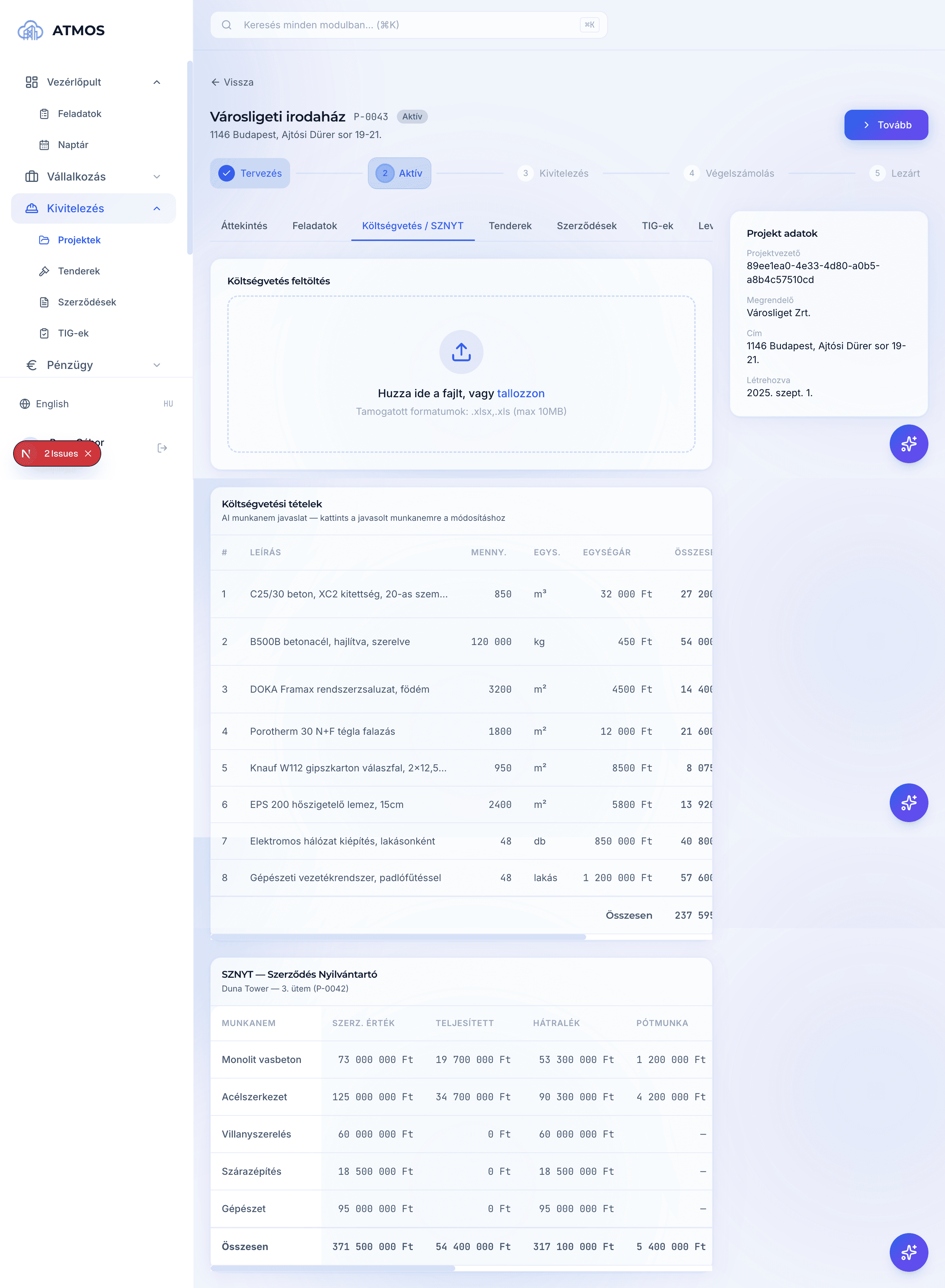 Projekt költségvetés és SZNYT