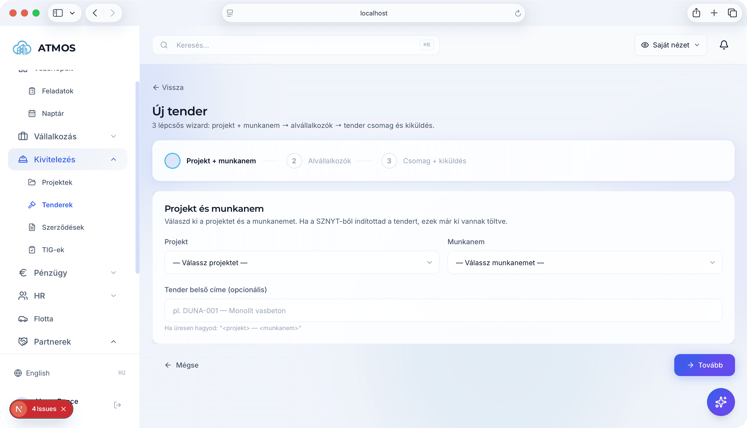 Új tender wizard step 1
