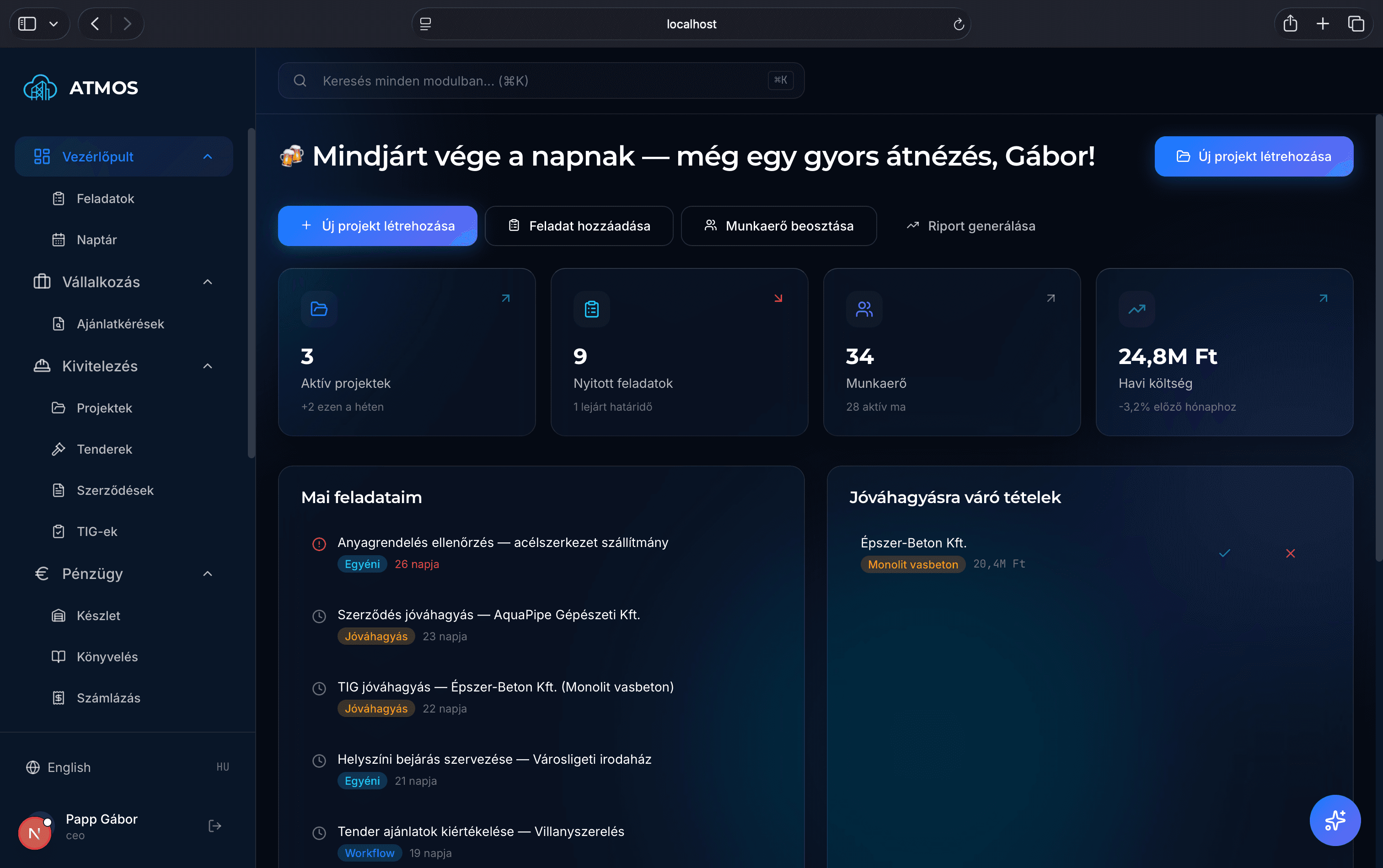 ATMOS vezérlőpult képernyőfotó